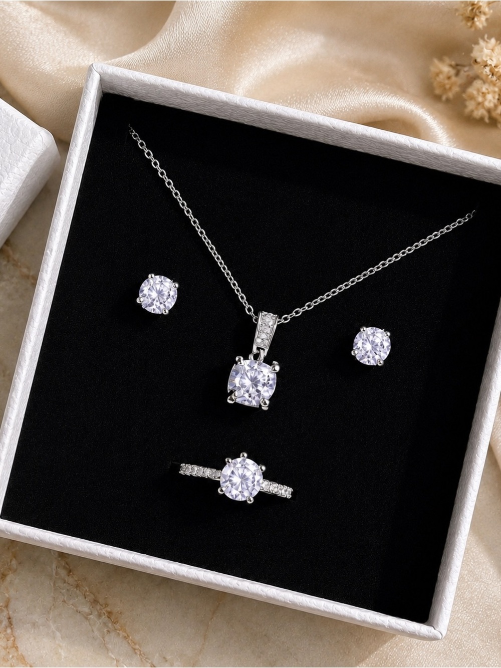 Stainless steel Necklace, earrings & Ring ajustable Set - White